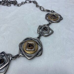 Vintage Silver Tone Mixed Metal Chain Belt with Geometric Flower Faux Amber‎